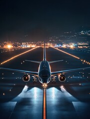 Fototapete - Airplane prepares for takeoff on illuminated runway at night with surrounding navigation lights. Generative AI