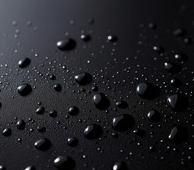 Poster - Glistening water droplets sparkle on a textured black surface, forming a captivating abstract pattern of varying sizes and reflections, highlighting the beauty of moisture and contrast