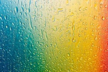 Poster - Clear water drops are creating an abstract pattern on a colorful gradient background, ranging from cool blue to warm yellow and orange, providing a vibrant and textured visual