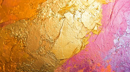 Poster - Gold and pink acrylic paint are blending together, creating a vibrant and textured background with visible brush strokes and a cracked effect