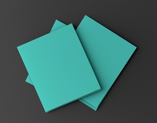 Poster - Turquoise blank square leaflets are resting on a dark gray surface, creating a minimalist and modern aesthetic, ideal for showcasing branding or design concepts