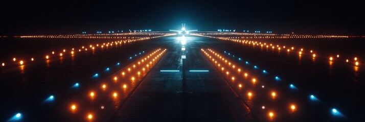 Aufkleber - Illuminated runway with airplane ready for takeoff at night surrounded by navigation lights. Generative AI