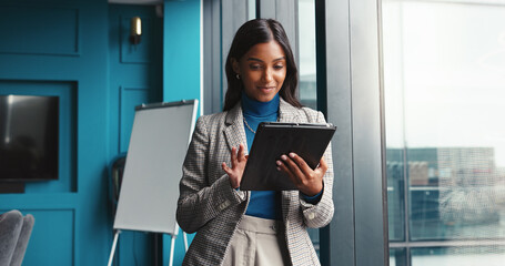 Poster - Research, tablet and planning with business woman in office for workshop coordinator, reading and corporate trainer. Feedback, typing and conference organizer with person in agency for schedule