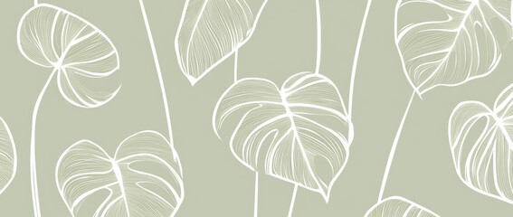 Naklejka na meble A seamless pattern of delicate line art monstera leaves, their organic shapes and soft curves captured in an elegant white outline on a muted sage green background