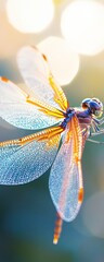 Wall Mural - Dragonfly in flight, sunlit bokeh background, nature photography, print