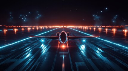 Fototapete - Illuminated runway at night with airplane ready for takeoff amid bright navigation lights. Generative AI