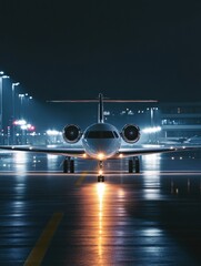 Fototapete - Airplane on illuminated runway with navigation lights during night time. Generative AI