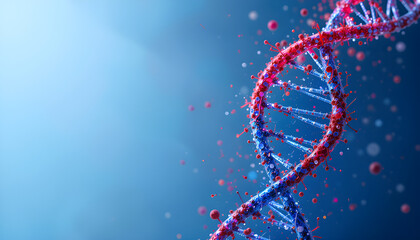 A microscopic view of a DNA helix in blue and red, representing evolution, chromosomes, biochemistry, and digital bio-research. A scientific background for genetics, medicine, and molecular technology