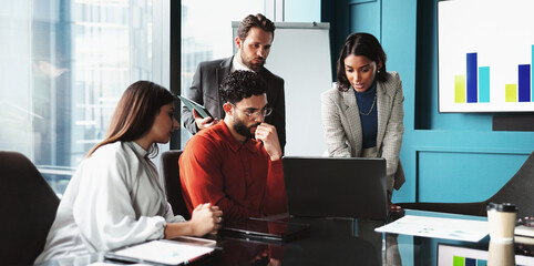 Aufkleber - Collaboration, business meeting and group with laptop, office and colleagues with stats for investment. Brainstorming, people and online for accounting in boardroom, corporate and teamwork with data