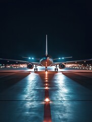 Aufkleber - Airplane on illuminated runway at night surrounded by navigation lights with a clear view of the tail. Generative AI