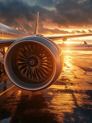 Poster - airplane wing illuminated by sunset reflecting on the runway during a calm evening. generative ai