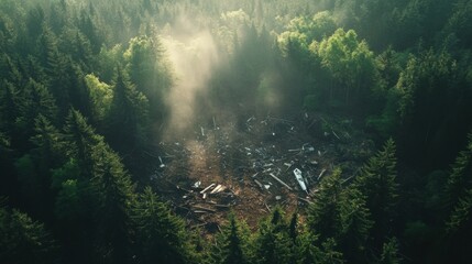 Aufkleber - Aerial view of dense forest with airplane debris scattered across clearing during daylight. Generative AI