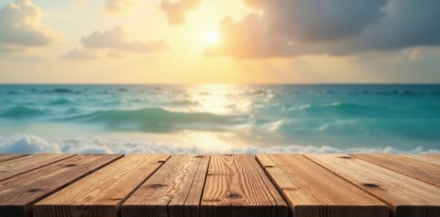 Wall Mural - Rustic wood tabletop over blurred ocean; summer sky , sea, realistic, blur