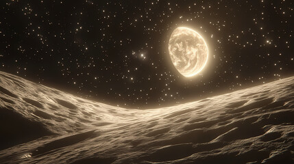 Wall Mural - Magnificent cinematic view of planet earth rising over the moon's barren, cratered horizon, set against a stunning starry galactic background. Galactic Ridge. Illustration