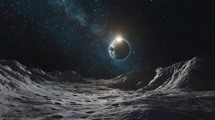 Wall Mural - Magnificent cinematic view of planet earth rising over the moon's barren, cratered horizon, set against a stunning starry galactic background. Galactic Ridge. Illustration