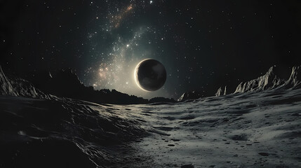 Wall Mural - Magnificent cinematic view of planet earth rising over the moon's barren, cratered horizon, set against a stunning starry galactic background. Galactic Ridge. Illustration