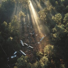 Aufkleber - Aerial view reveals scattered airplane debris in a forest clearing illuminated by sunlight. Generative AI