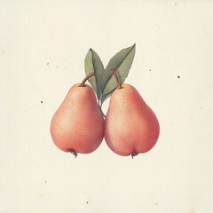 Wall Mural - A grayscale illustration featuring two ripe pears on a branch with leaves, rendered in fine detail