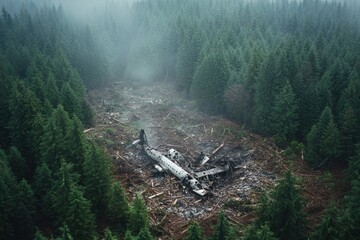 Aufkleber - Dense forest reveals airplane debris scattered on forest floor after a tragic incident in a remote area. Generative AI