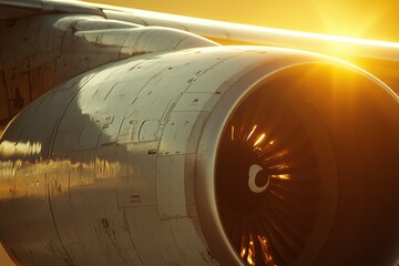 Aufkleber - Sunset highlights airplane wing and engine with warm golden tones in the sky. Generative AI