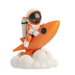 Wall Mural - astronaut riding on a flying orange rocket with smoke isolated on white background 3d cartoon style 