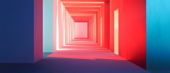 Poster - A captivating abstract corridor illuminated by vibrant colors. The interplay of light and shadow creates a stunning visual journey, inviting viewers into the depth of the space.
