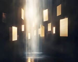 Poster - A captivating light display featuring floating panels illuminated by a cascading curtain of water, creating an ethereal ambiance perfect for artistic and conceptual projects.