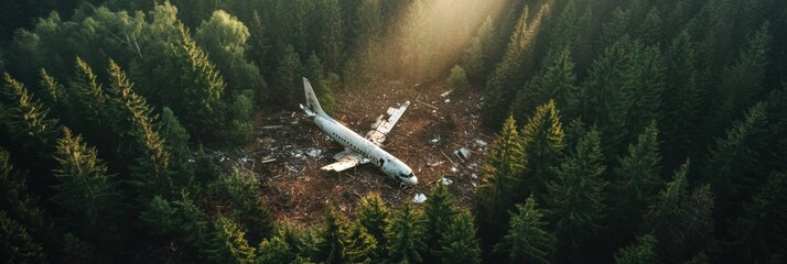 Aufkleber - Aerial view of forest clearing with airplane debris among dense trees at sunset. Generative AI