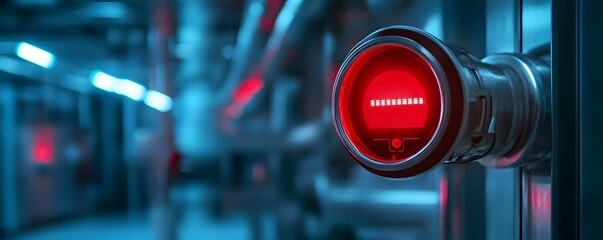 Poster - a close-up view of a glowing red indicator light in a modern industrial setting, emphasizing technol