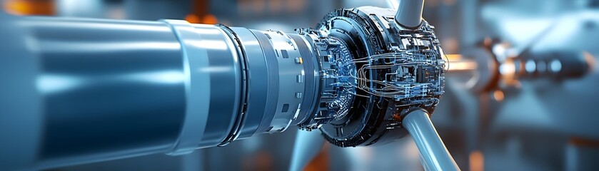 Poster - A close-up view of a sophisticated turbine engine component showcasing intricate mechanics and precision engineering
