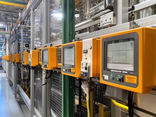 Poster - A close-up view of advanced industrial control panels lined up in a modern facility