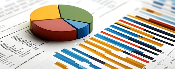 Poster - A colorful pie chart and bar graphs displayed on a report, illustrating data analysis for business performance and financial insights. Perfect for presentations and reports.