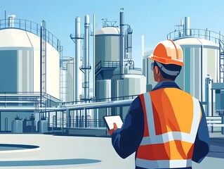 Poster - A construction worker in an orange safety vest and helmet inspects a modern industrial facility, using a tablet to monitor operations, showcasing innovation and safety in industry.
