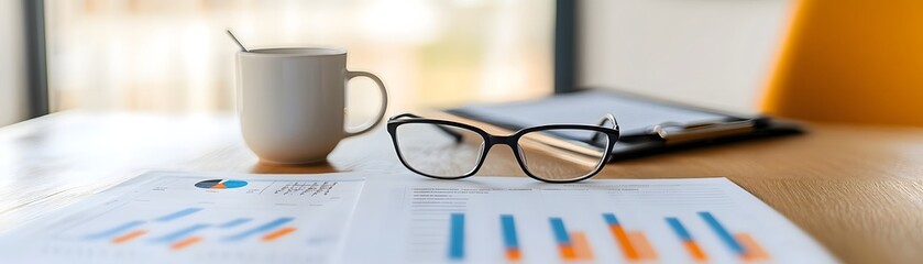 Fototapete - A focused workspace scene with a cup of coffee, glasses, and analytics charts. Ideal for themes of productivity, analysis, and modern office environments.
