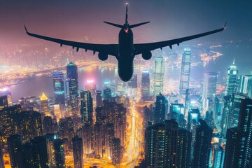 Poster - Airplane soars over a dazzling city skyline illuminated by night lights. Generative AI