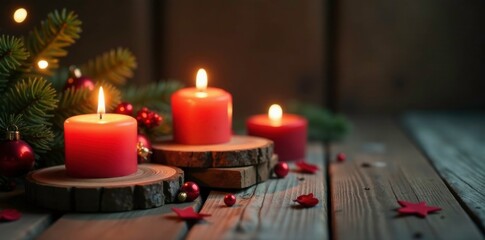 Wall Mural - Wooden planks with candles lit four Christmas decorations, space, candles