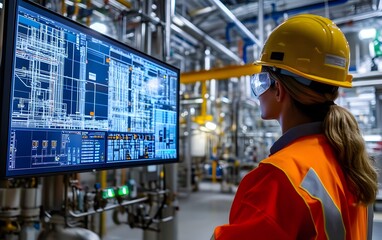 Poster - a skilled engineer in safety gear analyzes complex data on a large screen within a modern industrial