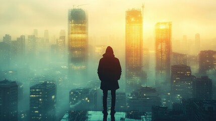 Wall Mural - A silhouetted figure gazes over a foggy cityscape at dawn, with skyscrapers glowing in the mist