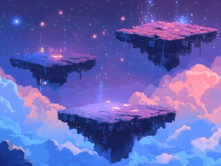 Poster - A stunning digital art piece depicting floating platforms in a starry sky, surrounded by colorful clouds. Perfect for creating a sense of wonder and imagination.