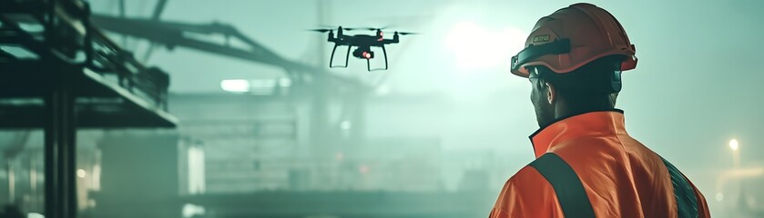 Poster - a worker in an industrial setting observes a drone in operation. the scene captures the merging of t