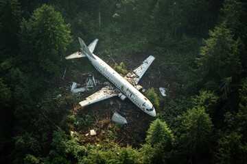 Aufkleber - Dense forest clearing reveals airplane debris among lush trees and overgrowth. Generative AI
