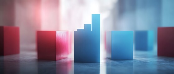 Poster - Abstract 3D bars in red and blue represent financial growth and market trends. Ideal for illustrating data analysis, investment strategies, and business reports in a modern style.
