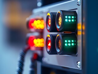 Poster - close-up image of vibrant indicator lights on a control panel. the glowing colors signify different 