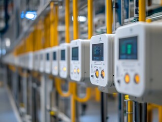 Fototapete - close-up of advanced control panels in an industrial setting, featuring digital displays and bright 