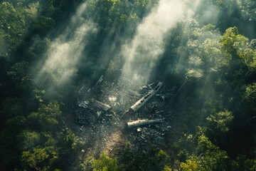 Aufkleber - Dense forest reveals remnants of airplane wreckage amidst natural beauty and wispy sunlight. Generative AI