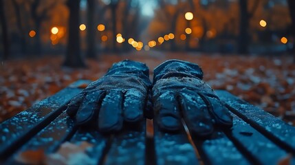 Wall Mural - A pair of gloves are on a bench in the woods