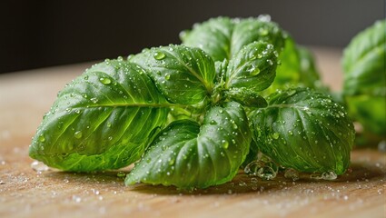 Wall Mural - Fresh basil leaf with morning dew on wooden board