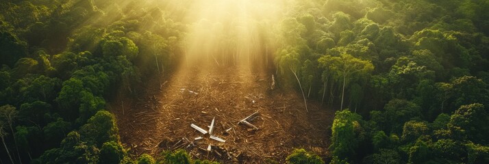 Aufkleber - Dense forest clearing reveals airplane debris in a tranquil wilderness environment during golden hour lighting effects. Generative AI