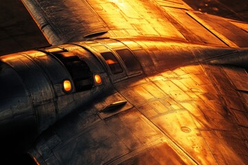 Poster - airplane wing glowing under the warm light of sunset over a tranquil sky. generative ai
