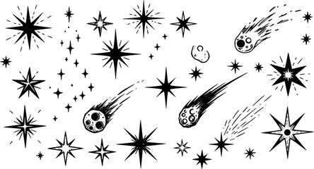 Wall Mural - set stars and comets isolated on a transparent background. vector illustration in monochrome style. 